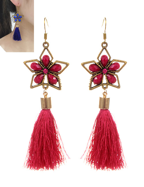 Retro Plum-red Pure Color Decorated Tassel Earrings