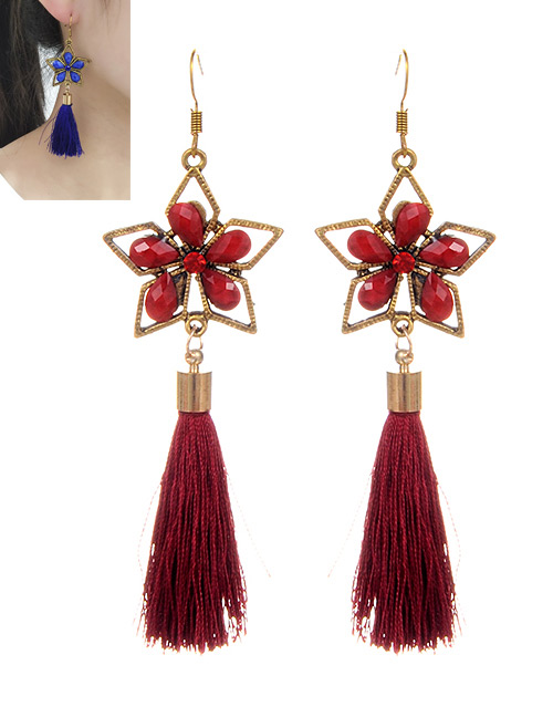 Retro Claret-red Pure Color Decorated Tassel Earrings