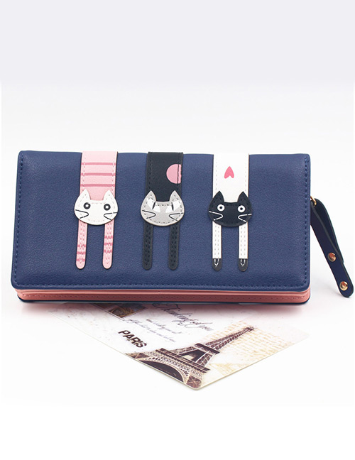 Cute Navy Cat Pattern Decorated Wallet