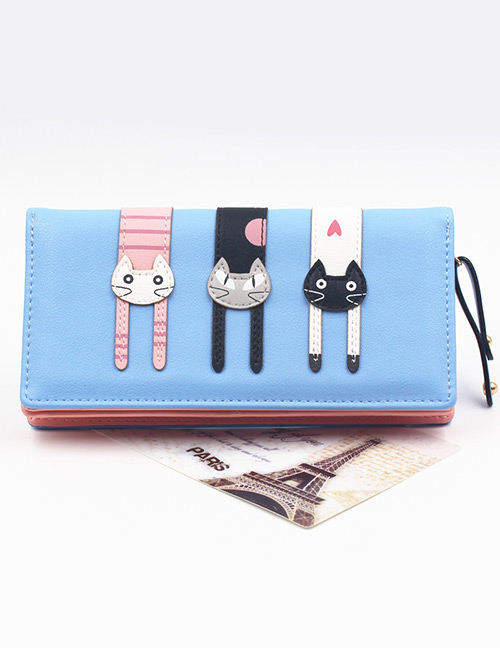 Cute Blue Cat Pattern Decorated Wallet