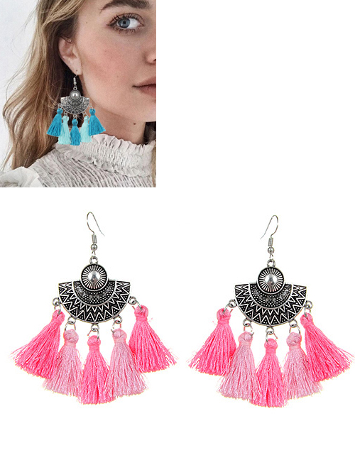 Bohemia Pink Fan Shape Decorated Tassel Earrings