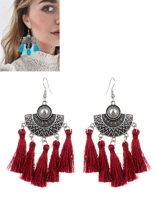 Bohemia Claret-red Fan Shape Decorated Tassel Earrings