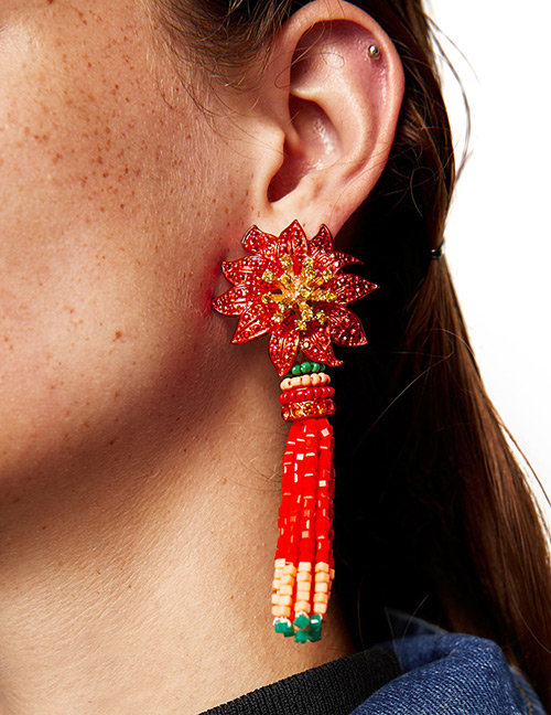 Fashion Red Flower Shape Decorated Taseel Earrings