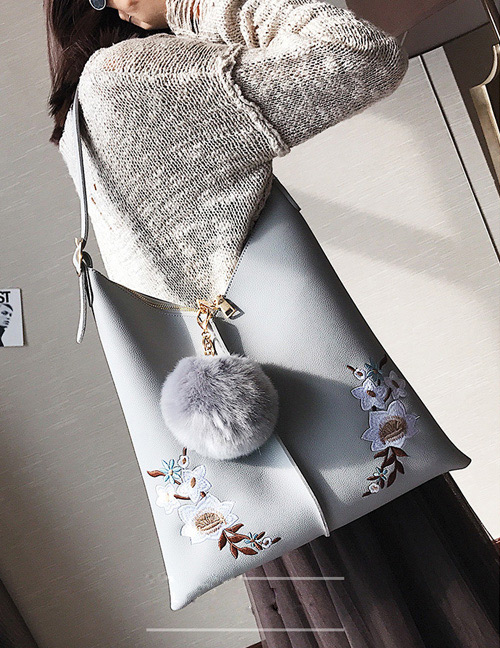 Fashion Light Gray Embroidery Flower Decorated Shoulder Bag