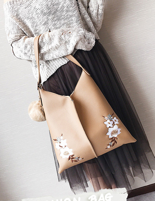 Fashion Brown Embroidery Flower Decorated Shoulder Bag