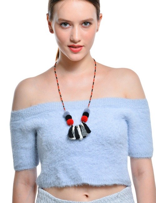 Fashion Multi-color Fuzzy Ball&tassel Decorated Long Pom Necklace