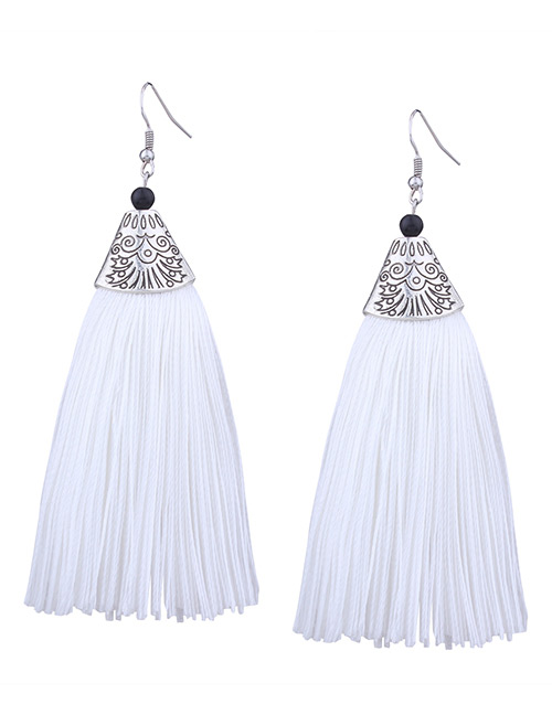 Vintage White Long Tassel Decorated Pure Color Earrings