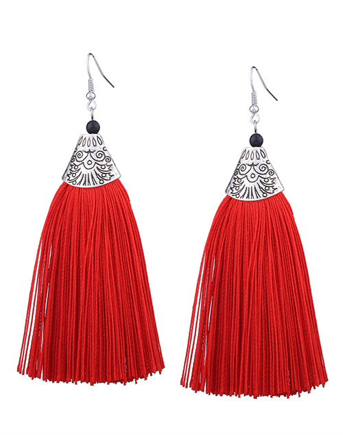 Vintage Red Long Tassel Decorated Pure Color Earrings