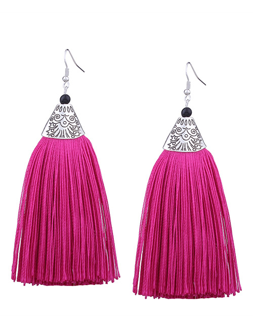 Vintage Plum Red Long Tassel Decorated Pure Color Earrings
