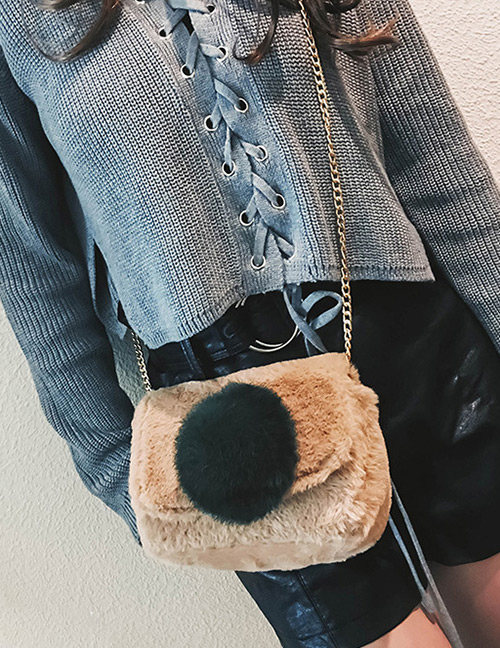 Trendy Khaki Fuzzy Ball Decorated Simple Shoulder Bag