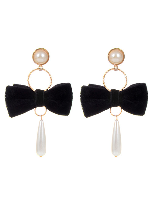 Fashion Black Bowknot&pearls Decorated Simple Earrings
