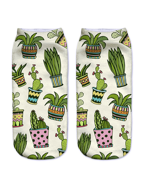 Trendy White Cactus Pattern Decorated Short Sock