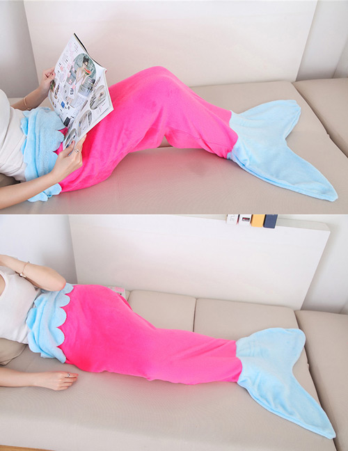 Trendy Blue+plum Red Mermaid Tail Shape Decorated Double Layer Blanket