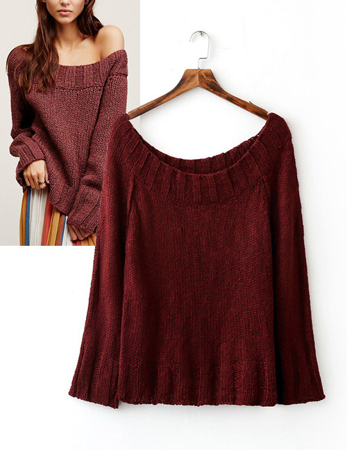 Trendy Claret Red Round Neckline Decorated Pure Color Sweater