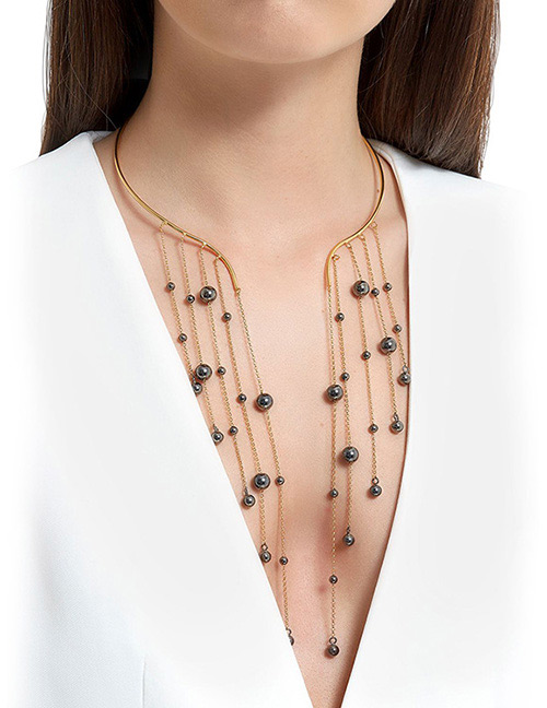 Fashion Black Beads Decorated Tassel Design Necklace