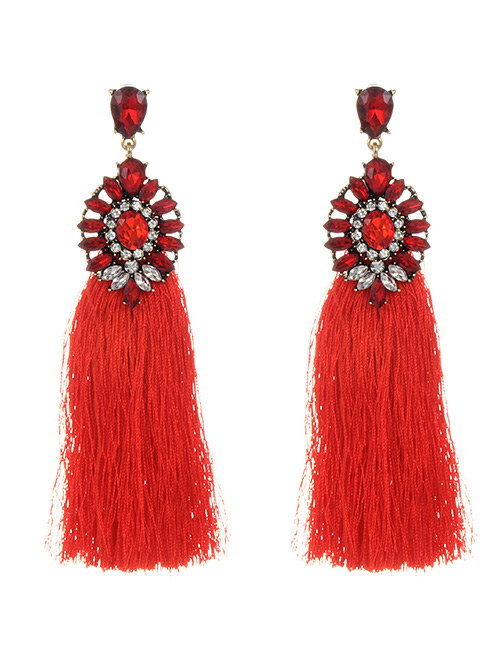 Fashion Red Long Tassel Decorated Simple Earrings