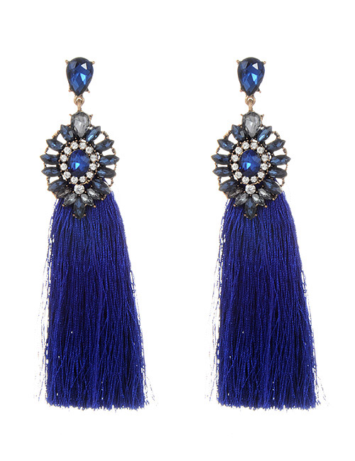 Fashion Sapphire Blue Long Tassel Decorated Simple Earrings