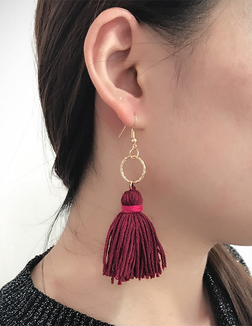 Fashion Claret Red Circular Ring Decorated Tassel Earrings