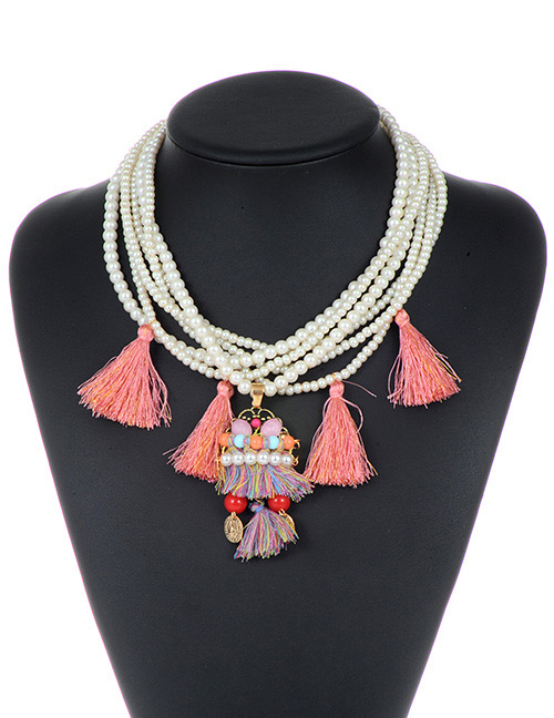 Fashion White+pink Pealrs&tassel Decorated Multi-layer Necklace