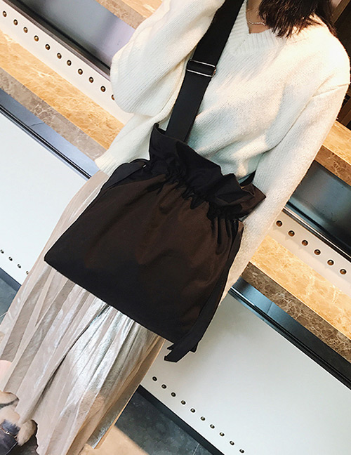 Fashion Black Pure Color Decorated Drawstring Design Shoulder Bag