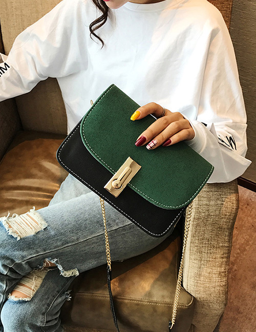 Fashion Green Square Shape Buckle Decorated Shoulder Bag