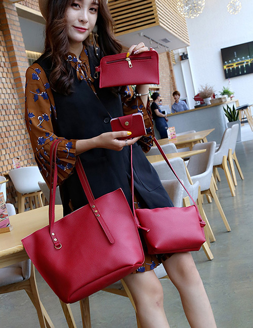Fashion Red Rivet Decorated Pure Color Shoulder Bag (4pcs)