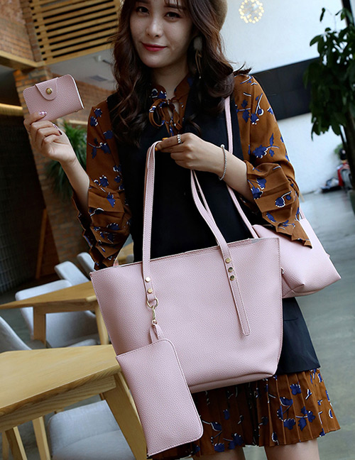 Fashion Pink Rivet Decorated Pure Color Shoulder Bag (4pcs)