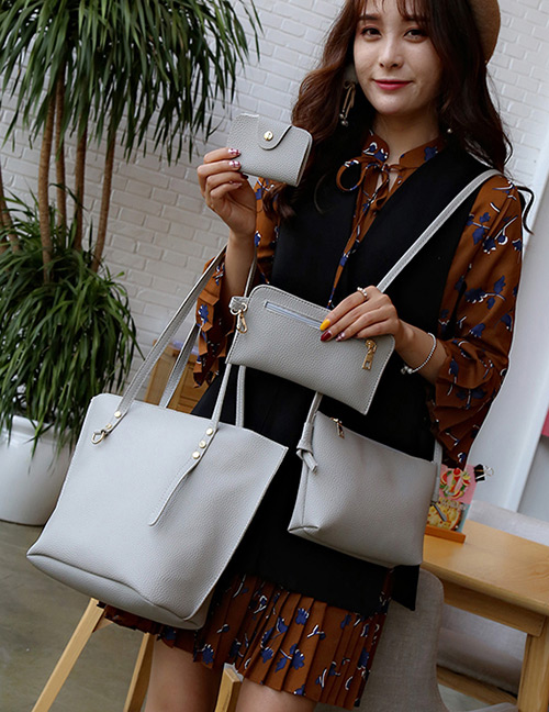 Fashion Gray Rivet Decorated Pure Color Shoulder Bag (4pcs)