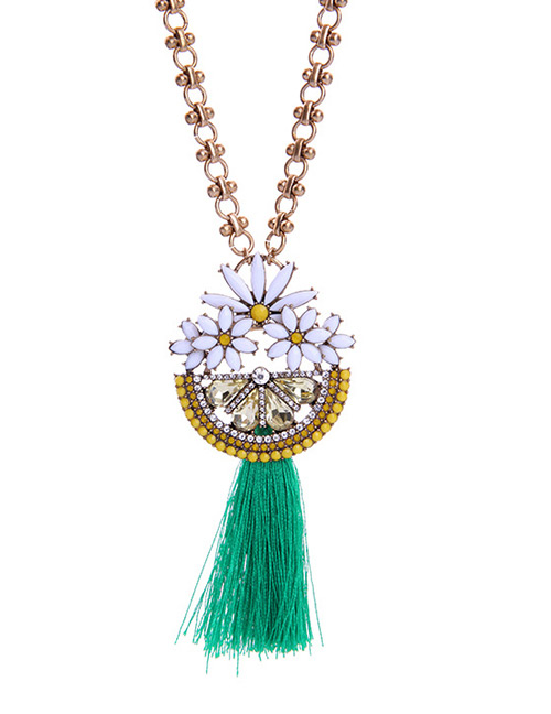 Trendy Green+gold Color Flower&tassel Pendant Decorated Long Necklace