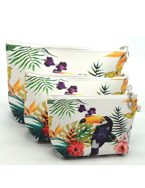 Trendy White+purple Toucan Pattern Decorated Cosmetic Bag(3pcs)