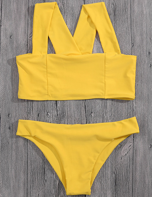 Sexy Yellow Pure Color Decorated Cross Design Bikini