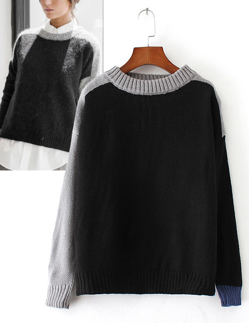 Trendy Gray Color Matching Decorated Round Neckline Sweater