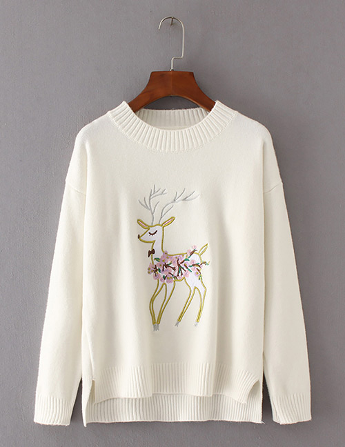 Trendy White Deer Pattern Decorated Pure Color Sweater