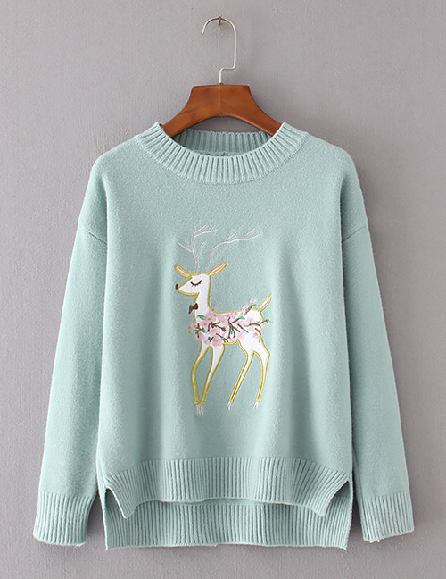 Trendy Blue Deer Pattern Decorated Pure Color Sweater