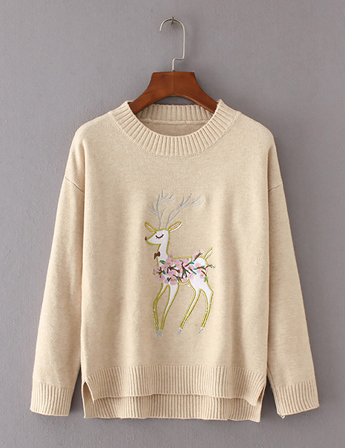 Trendy Khaki Deer Pattern Decorated Pure Color Sweater