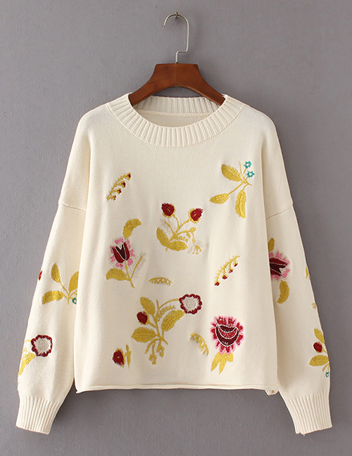 Trendy Beige Embroidery Flower Decorated Round Neckline Sweater