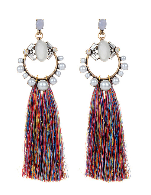 Fashion Multi-color Pearls Decorated Long Tassel Earrings
