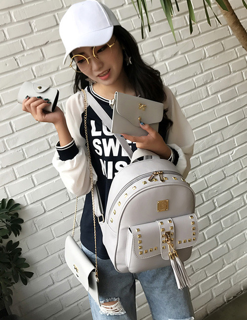 Fashion Gray Square Shape Rivet Decorated Backpack