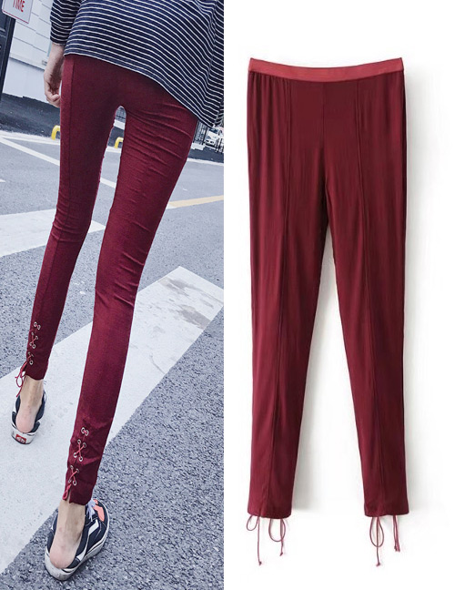 Fashion Claret-red Pure Color Decorated Pants