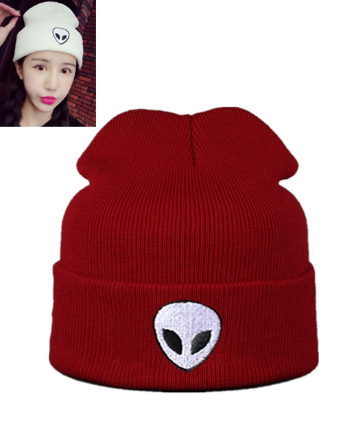 Lovely Claret Red Alien Pattern Decorated Pure Color Cap