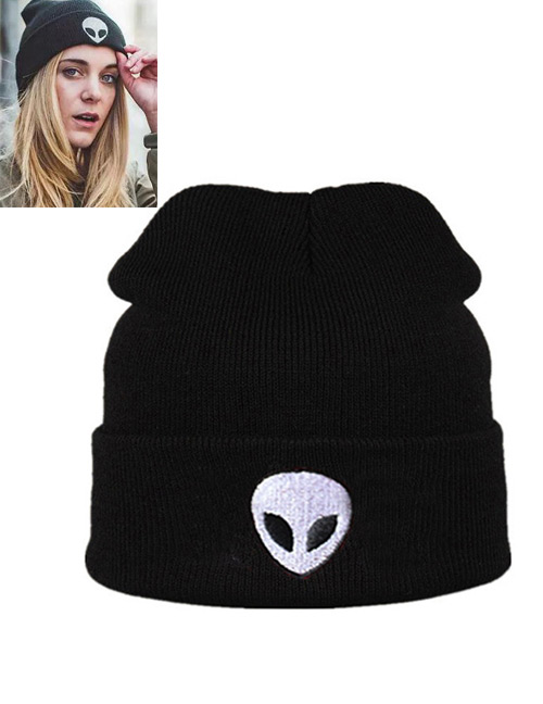 Lovely Black Alien Pattern Decorated Pure Color Cap