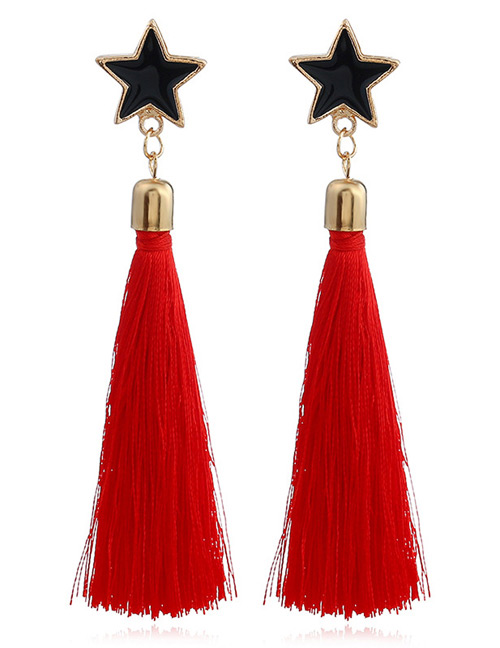 Fashion Red Star Shape Decorated Long Tassel Earrings