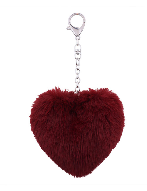 Fashion Claret Red Fuzzy Ball Decorated Heart Shape Key Chain