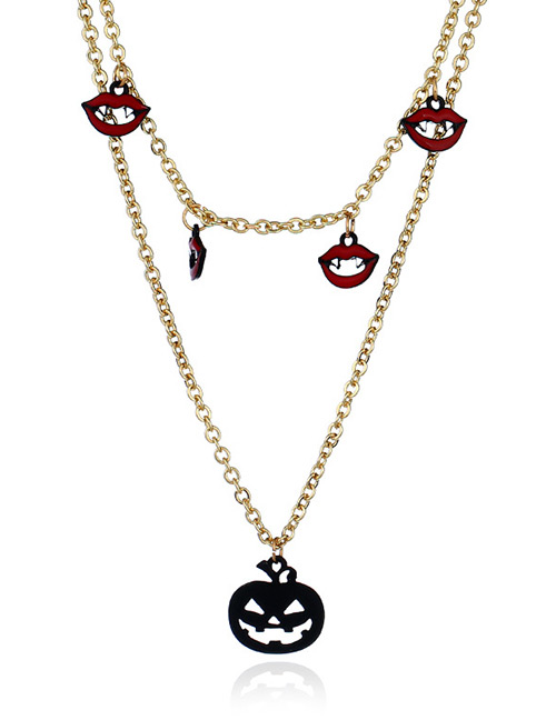 Fashion Red+gold Color Lip&pumpkin Pendant Decorated Long Necklace