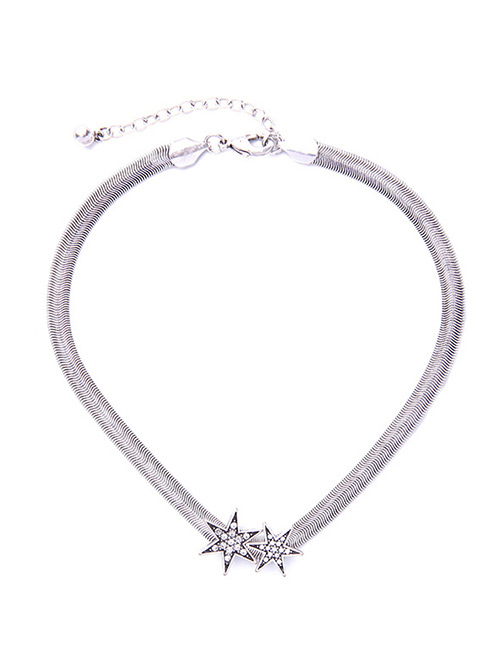 Vintage Silver Color Stars Decorated Pure Color Choker