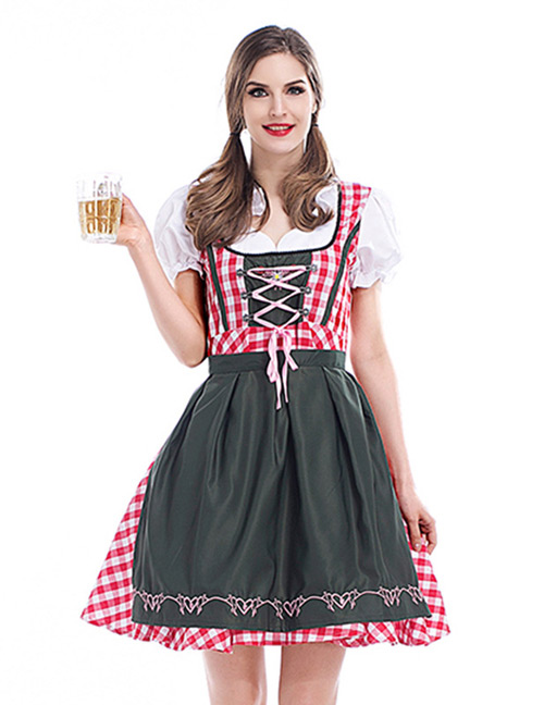 Fashion Pink+olive Green Grid Pattern Decorated Dress（with Dress and apron)