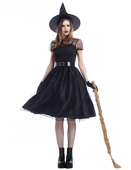 Fashion Black Pure Color Decorated Cosplay Costume（with  Hat ， dress， belt， gloves）