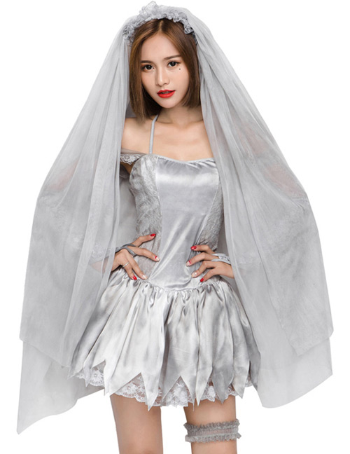 Fashion Silver Color Pure Color Decorated Cosplay Costume（with mantilla，vervel，dress，gloves）