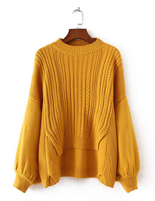 Fashion Yellow Pure Color Decorated Lantern Sleeve Sweater