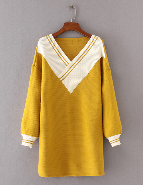 Fashion Yellow V Neckline Decorated Long Sleeve Sweater
